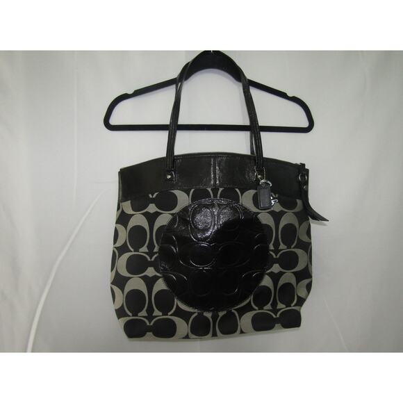 Coach Signature Black Gray Tote Bag Patent Leather Trim C1282-F18335 - Picture 1 of 10